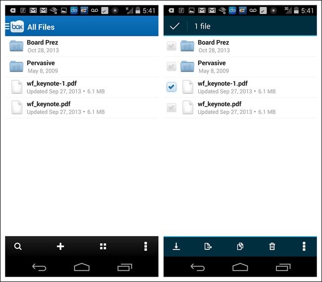 Box for Android: long-pressing a file selects it and presents Contextual Tools; other items can be selected, too