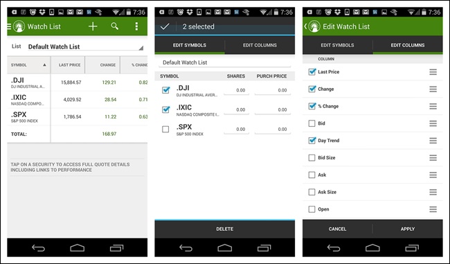 Fidelity for Android: bulk selection of stocks and Watch List criteria