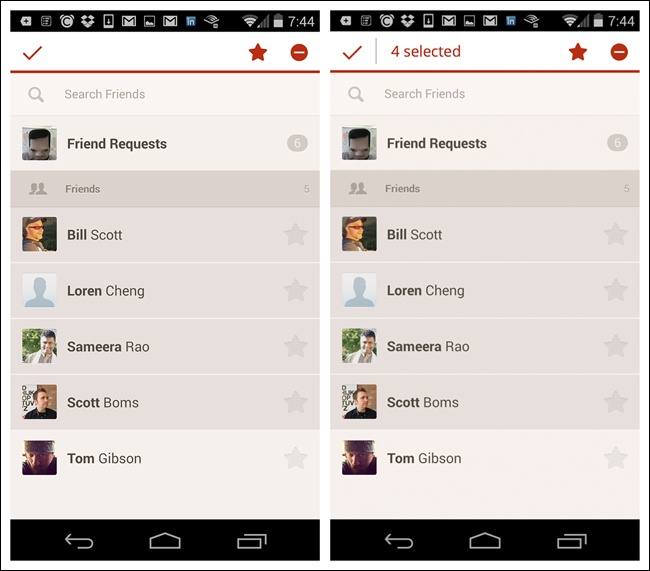 Path for Android: current design on left; suggested improvement, showing selected number of items, on right