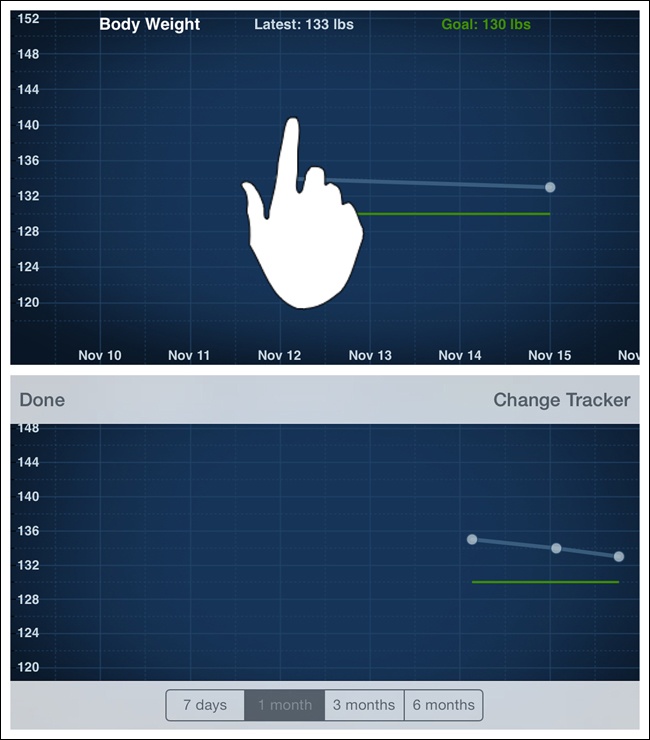 DailyBurn Tracker for iOS: tapping the chart reveals filters