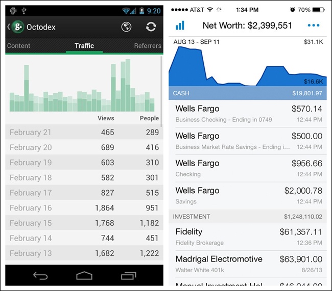 Gaug.es for Android and Personal Capital for iOS: trend chart on top, detailed table below