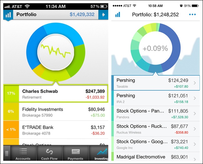 Two iterations of Personal Capital for iOS: Sparkline replaced by background area chart