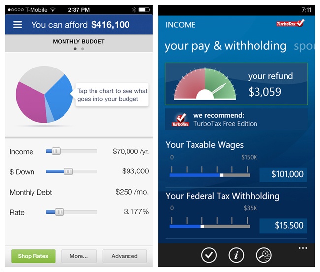 Zillow Mortgage Calculator for iOS and TaxCaster for Windows Phone: Interactive Previews