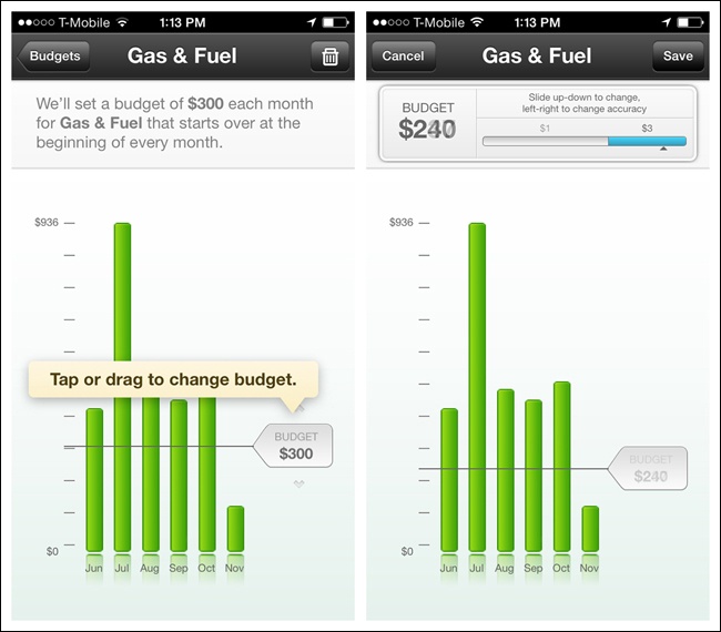 Mint for iOS: interactive chart for setting a budget