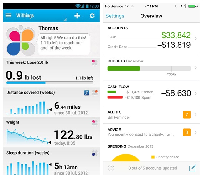 Withings for Android and Mint for iOS: Dashboard as primary navigation