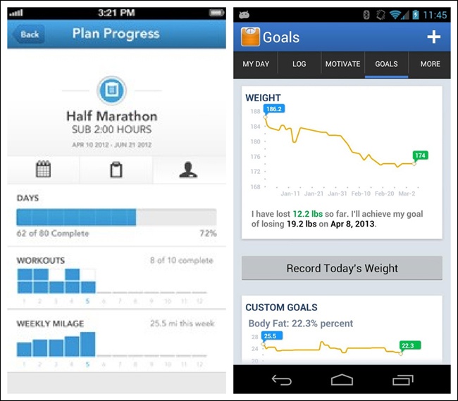 RunKeeper for iOS and Lose It! for Android: Dashboard as secondary navigation