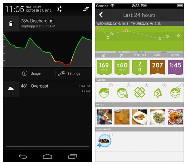 Battery Graph Notification for Android and MySugr for iOS: colors indicate data in or out of target range