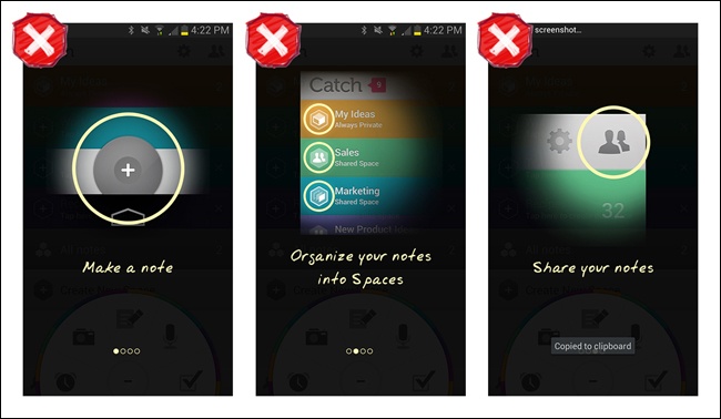 Catch for Android: the tour describes features and actions, but doesn’t let the user try them