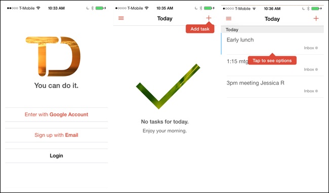 Todoist for iOS: a tip invites the user to add a first task, and then another prompt introduces the options menu