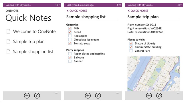 OneNote for Windows Phone: two sample lists allow users to learn the ropes by doing