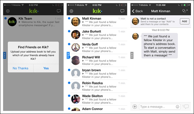 Kik Messenger for iOS: import contacts and see a tip for how to start chatting with them