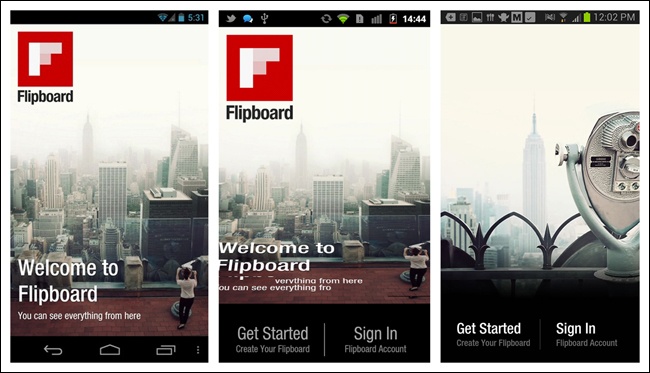 Flipboard for Android uses playful embedded prompts to engage the user and reinforce the key gestures needed to navigate the app ()