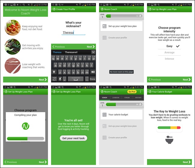Noom for Android: guided setup is easy and friendly, with positive feedback along the way
