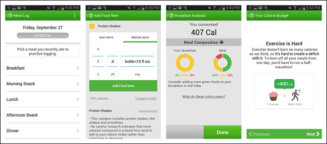 Noom for Android: the tasks are designed for participation to ensure comprehension (like practice logging a meal)