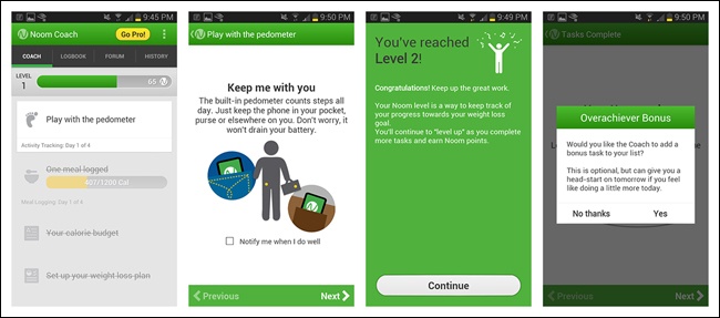 Noom for Android: tasks start off easy to complete, but get harder as you progress; leveling up “gamifies” the experience and makes it feel more rewarding