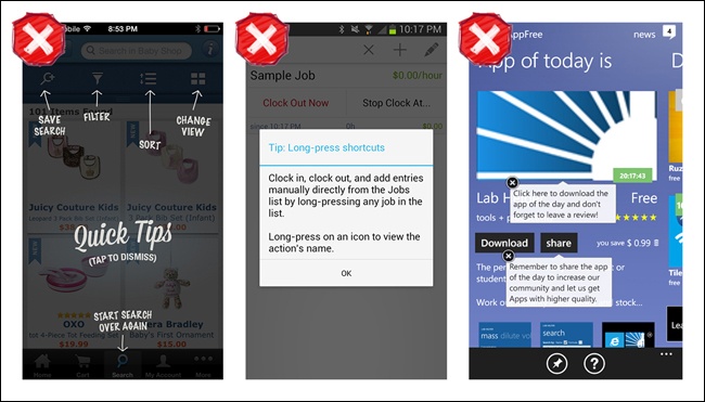 Zappos for iOS, HoursTracker for Android, and myAppFree for Windows Phone: poorly designed Tips