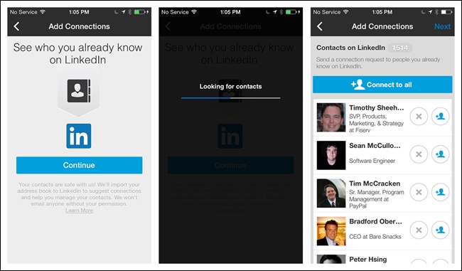 LinkedIn for iOS: accepting a connection serves up suggestions for others to connect with