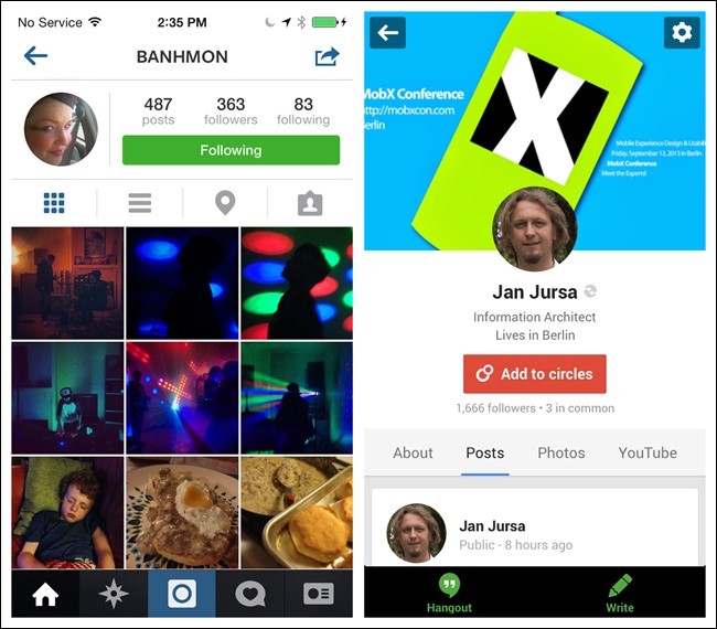 Instagram and Google+: tabbed Profiles