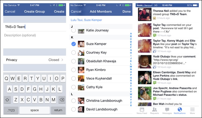 Facebook for iOS: create Group and add members, who then receive in-app notifications