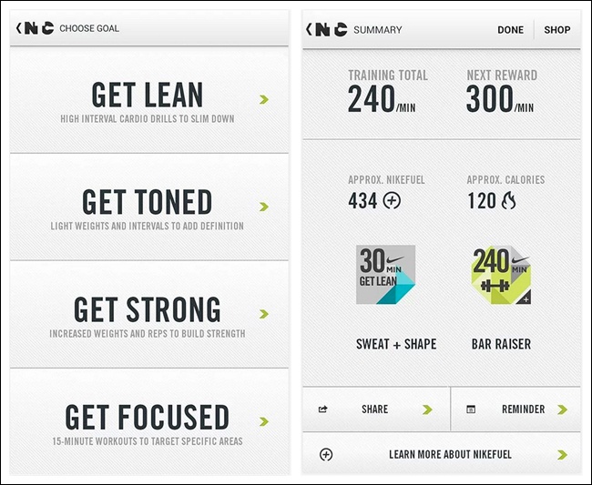 Nike Training Club for Android: meet self-specified goals, and get rewards