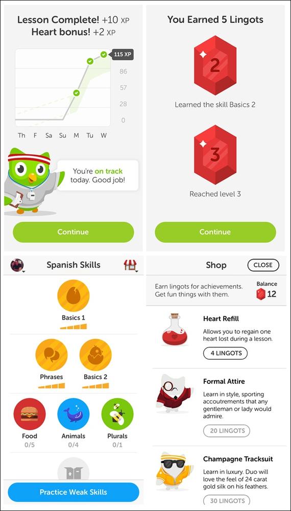 Duolingo shows progress against goals and rewards success with Lingots