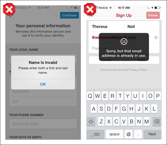 Square Register and Pinterest for iOS: error dialogs hiding the errors