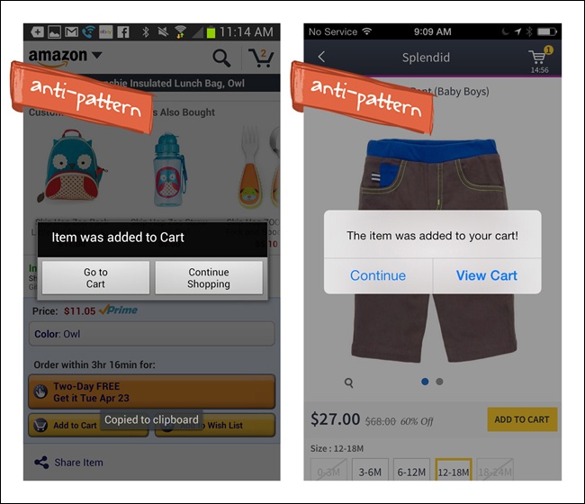 Amazon for Android and HauteLook for iOS: Idiot Box Confirmation interrupts shopping flow