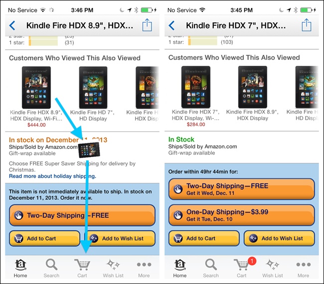 Amazon for iOS: Kindle “falls” into the cart and the cart item number updates ()