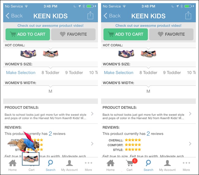 Zappos for iOS: Super Cat “flies” an item into the cart, and the item number updates ()