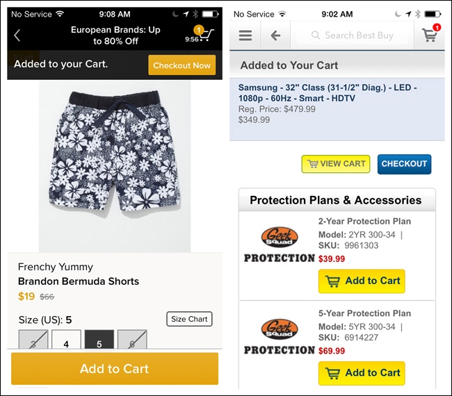 Gilt and BestBuy for iOS: an in-screen message near the cart confirms items added