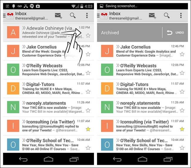 Gmail for Android: inline Confirmation with undo on swipe-to-delete gesture