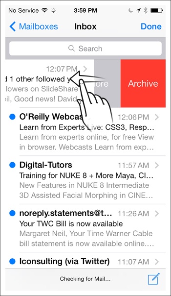 Mail for iOS: swipe to reveal, tap to archive; inline Confirmation not required