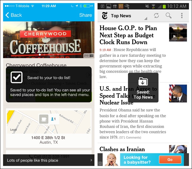 Foursquare for iOS and NYTimes for Android: simple toasts