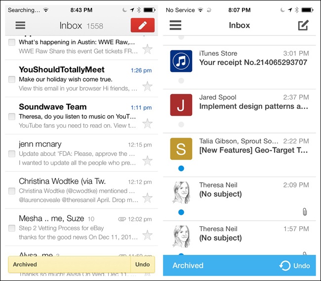 Gmail and Boxer for iOS: transient toast message provides Confirmation and an undo option