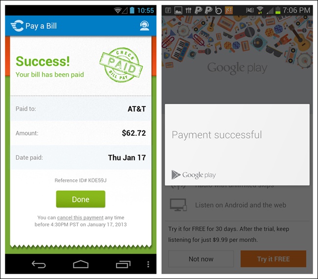 Check and Google Play for Android: completed transactions warrant conspicuous feedback