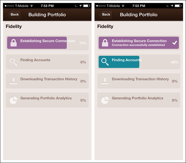 SigFig for iOS: live feedback shows completion percentage of each task as portfolio builds