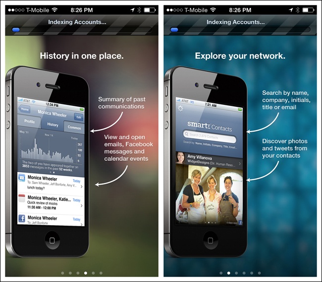 Smartr for iOS: time spent indexing contacts (see progress bar at top) is used to introduce product features