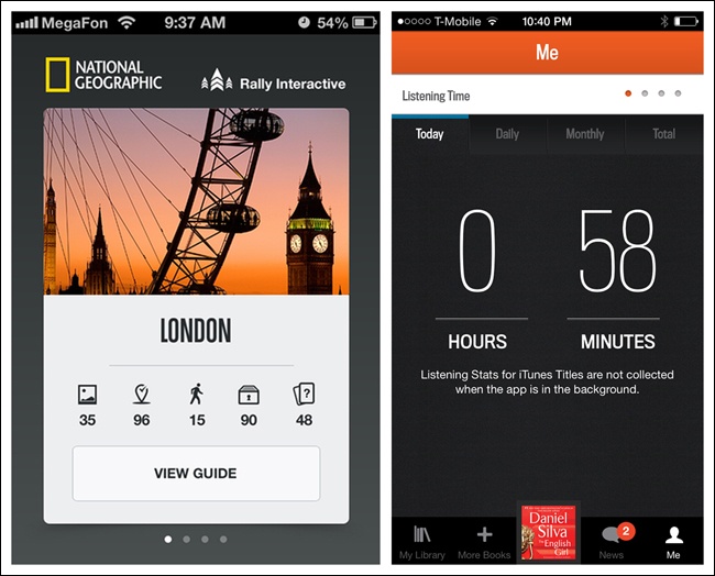 City Guides by National Geographic and Audible for iOS: page indicators at the bottom and top, respectively