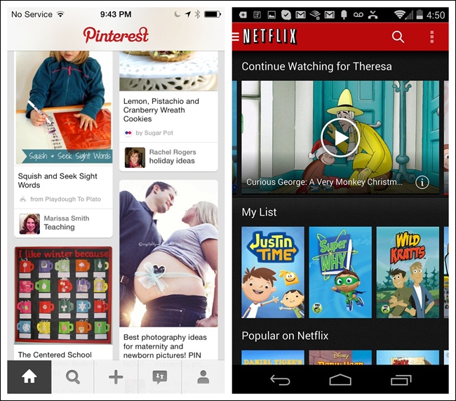 Pinterest for iOS and Netflix for Android: screen overflow hints at how to get at offscreen content