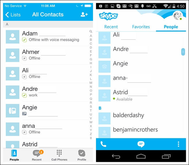 Skype for iOS and Android: different scrollbar designs