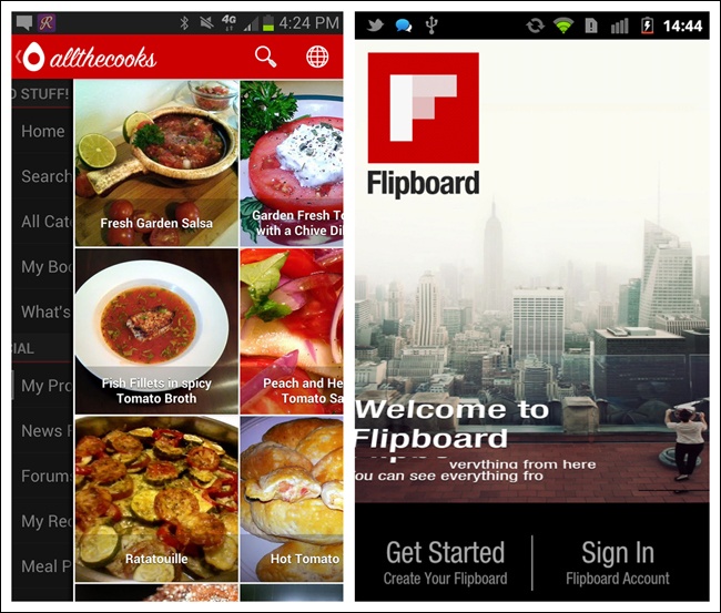 Allthecooks for Android () and Flipboard for iOS (): animations as affordance