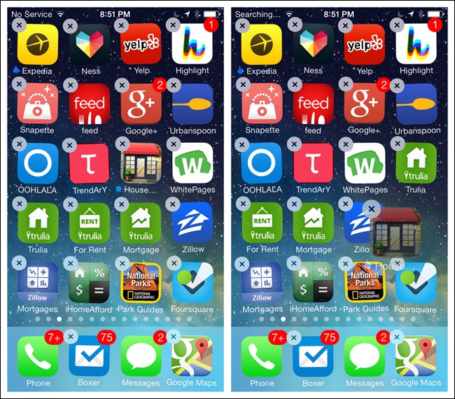 iOS 7: long press allows app icons to be dragged or deleted