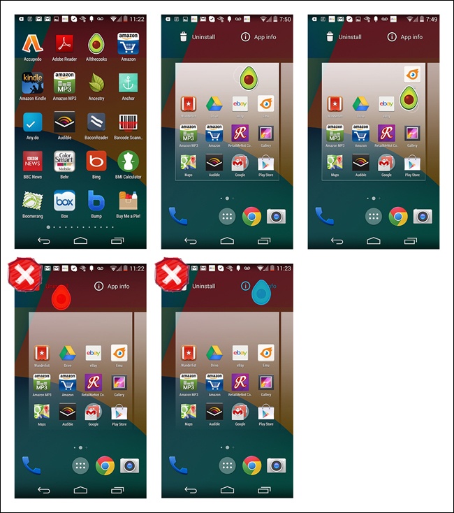 Android OS: Drag to move a selected app to a new screen, or to Uninstall or App Info “drop zones”