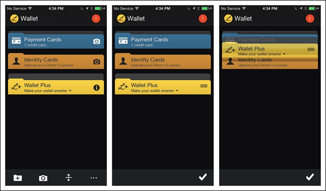 Lemon Wallet for iOS: tapping Drag icon in the Action Bar enters edit mode and shows drag handles