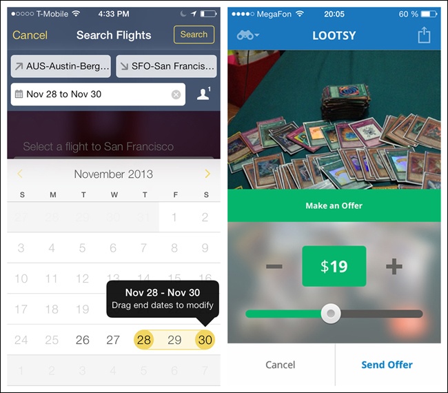 Expedia and Lootsy for iOS: some drag handles, as on sliders, are always visible