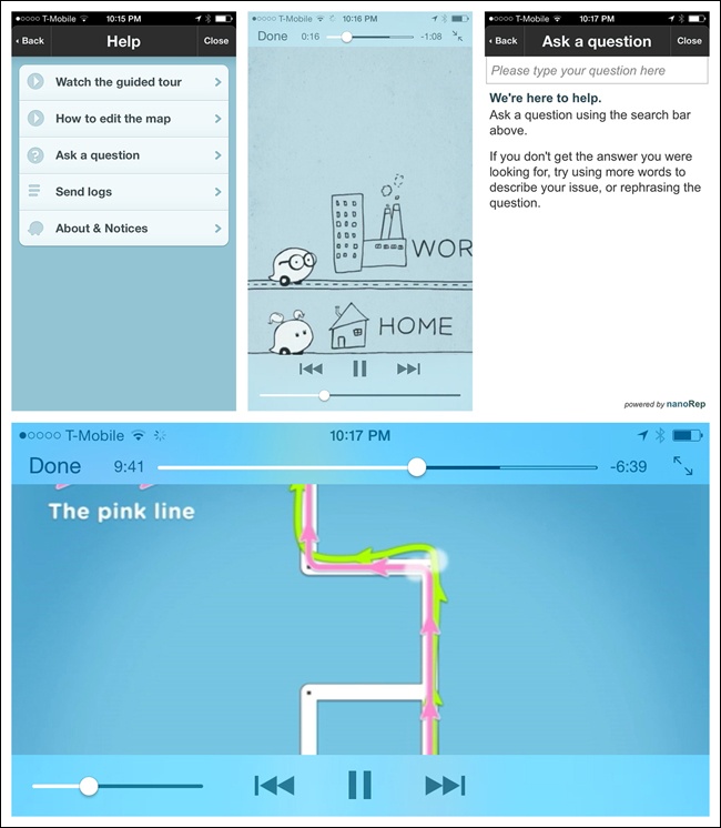 Waze for iOS combines multiple patterns to provide in-app help