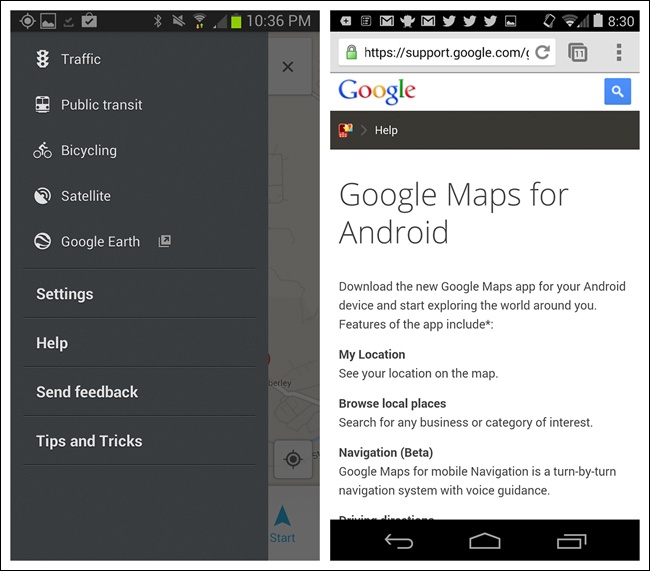 Google Maps for Android opens Help in the browser