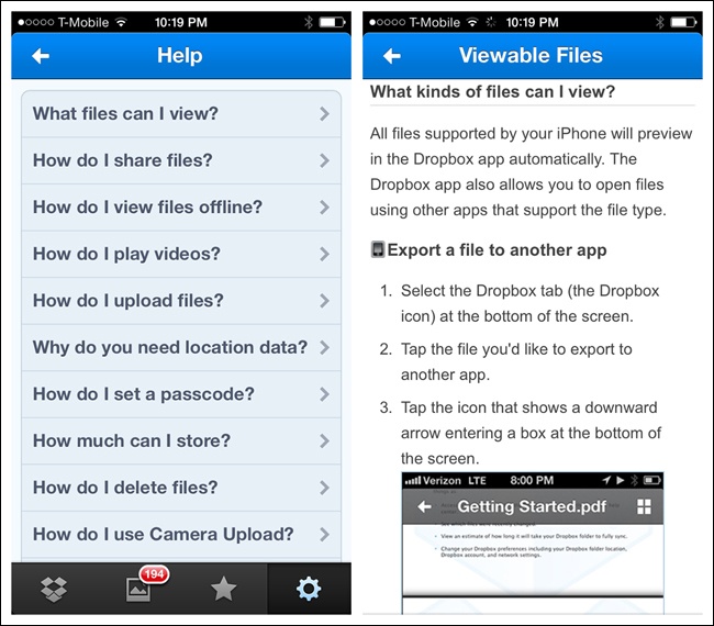 Dropbox for iOS: drill-down FAQs