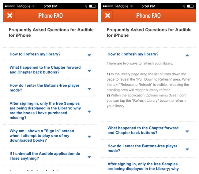 Audible for iOS: FAQs expand onscreen