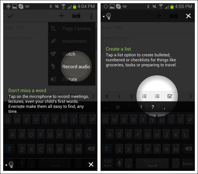 Evernote for Android: Feature Tour highlights specific features and UI controls